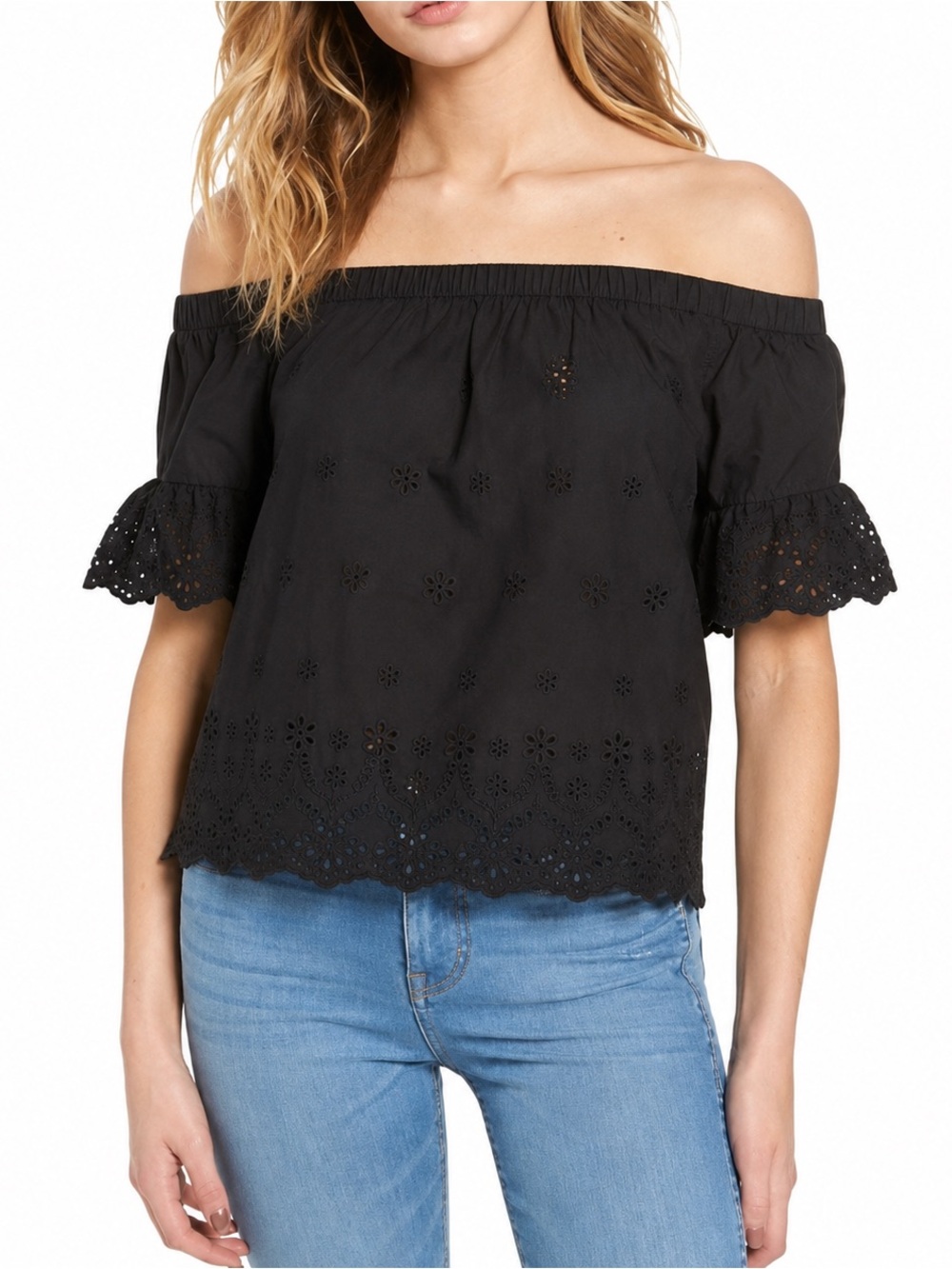 Madewell Black Eyelet Off Shoulder Cotton Top Size Large NWOT